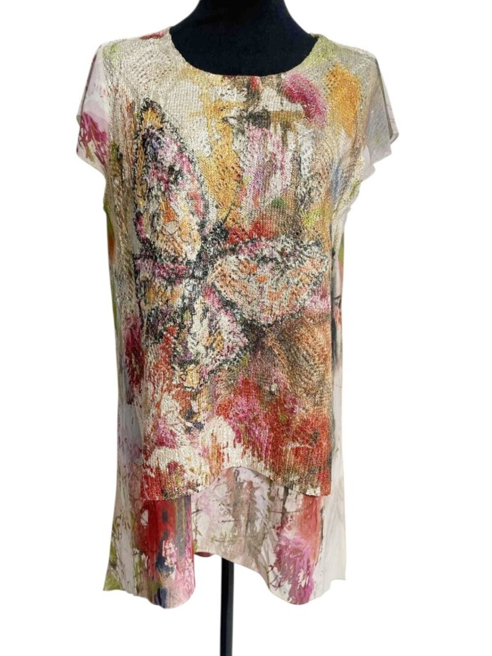 Dor Dor Couture Size Medium  Top Blouse Abstract Art to Wear Short Sleeve Tunic